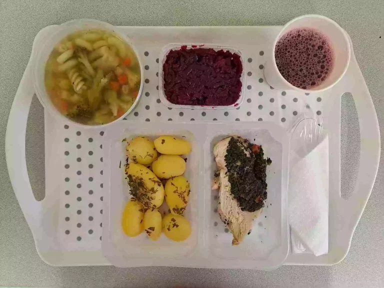 Obiad: dieta podstawowa

kompot owocowy b/c - 250ml, zupa brokułowa z makaronem - 400ml (mleko, gluten, jaja, seler), filet z kurczaka faszerowany szpinakiem - 120g, ziemniaki gotowane -200g, buraczki tarte z jabłkiem - 150g