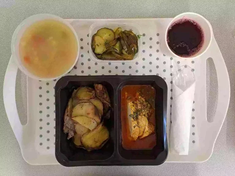 Obiad: dieta z ograniczeniem łatwoprzyswajalnych węglowodanów 

kompot owocowy - 250ml, zupa jarzynowa z ziemniakami - 400ml (mleko, seler), filet z kurczaka w sosie z pieczonej papryki - 100g + 50g, talarki ziemniaczane - 200g surówka z ogórków kiszonych – 150g