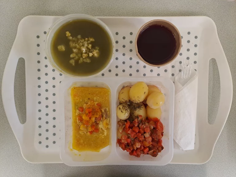 Obiad, dieta podstawowa: kompot owocowy b/c 250ml, zupa krem szpinakowy z grzankami – 400ml (gluten, mleko, seler), łosoś na parze w sosie ziołowo-cytrynowym 80g + 50 ml sosu, ziemniaki gotowane 200g, warzywa po grecku 150 g (seler)