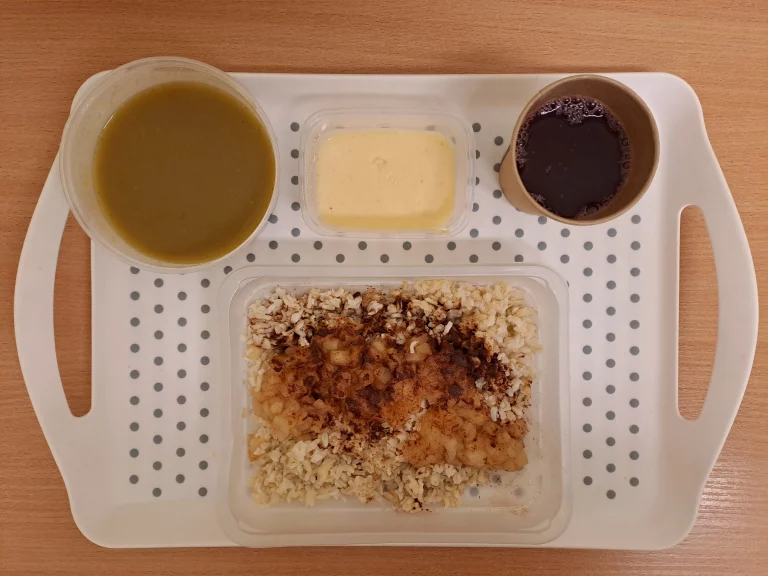 Obiad, dieta z ograniczeniem łatwopprzyswajalnych węglowodanów: kompot owocowy b/c 250 ml, krem z brokuła z grzankami 400 ml (mleko, seler, gluten), ryż brązowy zapiekany z jabłkami i cynamonem 350 g (mleko), sos budyniowy z słodzikiem 100 ml (mleko)
