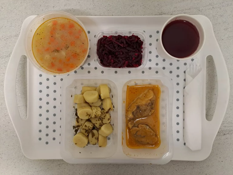 Obiad, dieta podstawowa: kompot owocowy b/c 250ml, krupnik jęczmienny z warzywami 400ml (mleko, seler, gluten), sztuka mięsa z łopatki wieprzowej 80 g, sos musztardowy 50 g (gluten, mleko), kopytka ziemniaczane 200 g (jaja, gluten), buraczki z jabłkiem 150 g