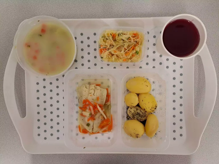 Obiad, dieta z ograniczeniem łatwo przyswajalnych węglowodanów: kompot owocowy b/c 250 ml, brokułowa z makaronem 400 ml (gluten, seler, jaja, mleko), miruna pieczona w warzywach 100 g (seler, ryba), ziemniaki gotowane z koperkiem 200g, surówka z kapusty kiszonej i marchewki 150 g