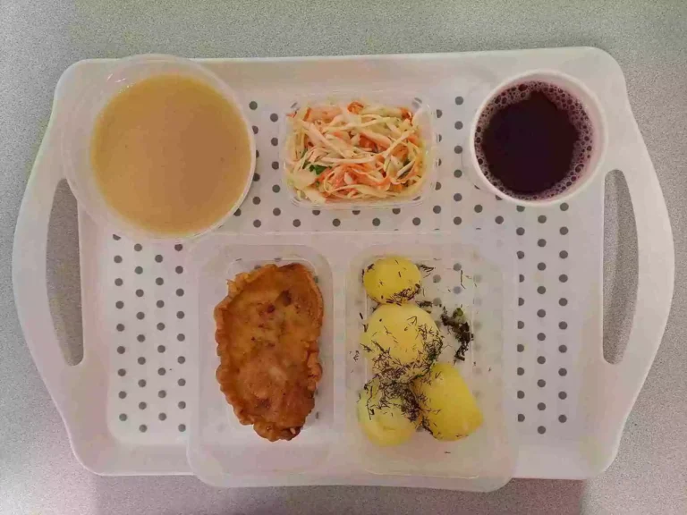 Obiad: dieta podstawowa
kompot owocowy b/c 250 ml, zupa krem z białych warzyw z grzankami 400 ml (gluten, seler, mleko), filet z piersi kurczaka smażony w cieście naleśnikowym 110 g (jaja, gluten, mleko), ziemniaki gotowane z koperkiem 200 g, surówka colesław 150 g (mleko) Obiad: dieta podstawowa
kompot owocowy b/c 250 ml, zupa krem z białych warzyw z grzankami 400 ml (gluten, seler, mleko), filet z piersi kurczaka smażony w cieście naleśnikowym 110 g (jaja, gluten, mleko), ziemniaki gotowane z koperkiem 200 g, surówka colesław 150 g (mleko)