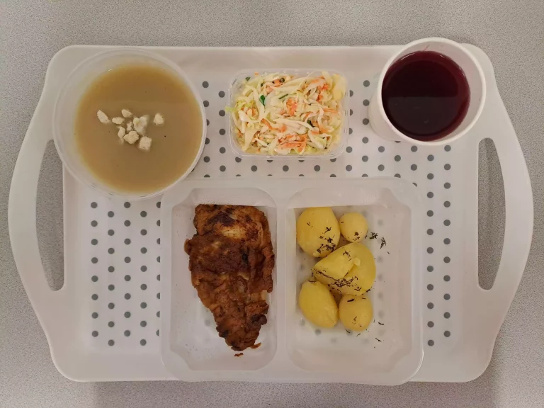 Obiad, dieta podstawowa: kompot owocowy b/c 250 ml, zupa krem z białych warzyw z grzankami 400 ml (gluten, seler, mleko), filet z piersi kurczaka smażony w cieście naleśnikowym 110 g (jaja, gluten, mleko), ziemniaki gotowane z koperkiem 200 g, surówka colesław 150 g (mleko)