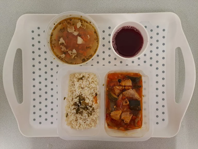 Obiad, dieta podstawowa: kompot owocowy b/c 250ml, zupa fasolowa z ziemniakami 400 ml (mleko, seler), leczo z mięsem drobiowym 200 g, ryż na sypko brązowy 200 g 