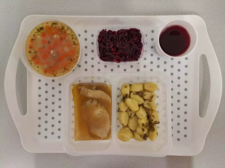 Obiad, dieta podstawowa: kompot owocowy b/c 250ml, krupnik jęczmienny z warzywami 400ml (mleko, seler, gluten), sztuka mięsa z szynki wieprzowej, pieczona 80 g, sos cebulowy 50 g (gluten, mleko), kopytka ziemniaczane 200 g (jaja, gluten), buraczki z jabłkiem 150 g
