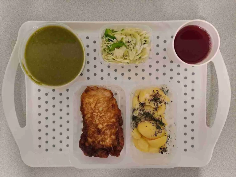 Obiad: dieta podstawowa
kompot owocowy b/c 250 ml, zupa krem z zielonego groszku z grzankami 400 ml (gluten, seler, mleko), filet z piersi kurczaka smażony w cieście naleśnikowym 110 g (jaja, gluten, mleko), ziemniaki gotowane z koperkiem 200 g, surówka z papryki 150 g (mleko) Obiad: dieta podstawowa
kompot owocowy b/c 250 ml, zupa krem z zielonego groszku z grzankami 400 ml (gluten, seler, mleko), filet z piersi kurczaka smażony w cieście naleśnikowym 110 g (jaja, gluten, mleko), ziemniaki gotowane z koperkiem 200 g, surówka z papryki 150 g (mleko)