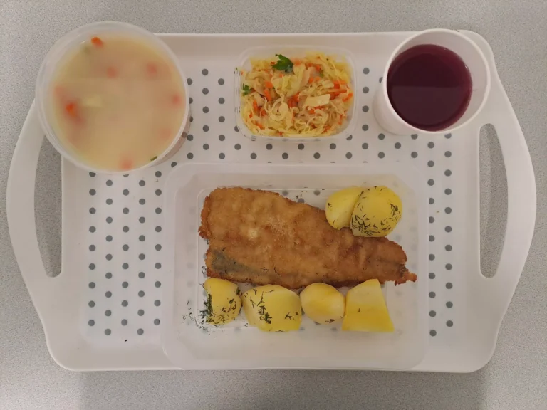 Obiad, dieta podstawowa: kompot owocowy b/c 250ml, zupa jarzynowa z ryżem 400 ml (seler, mleko), miruna panierowana 110 g (jaja, mleko, gluten, ryba), ziemniaki gotowane z koperkiem 200 g, surówka z kapusty kiszonej 150 g Obiad, dieta podstawowa: kompot owocowy b/c 250ml, zupa jarzynowa z ryżem 400 ml (seler, mleko), miruna panierowana 110 g (jaja, mleko, gluten, ryba), ziemniaki gotowane z koperkiem 200 g, surówka z kapusty kiszonej 150 g