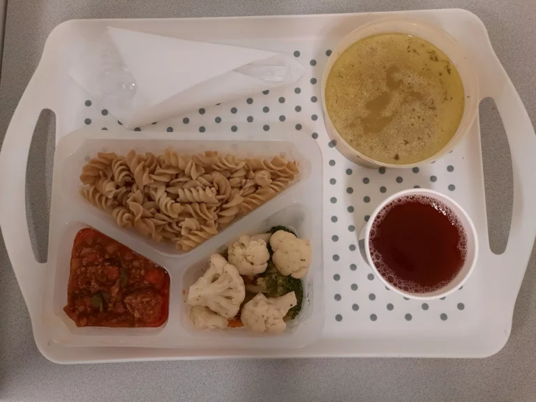 Obiad, dieta podstawowa: kompot owocowy b/c 250ml, ogórkowa z ziemniakami 400 ml, (mleko, seler), sos boloński z mięsem drobiowym 150 g, (gluten), makaron pełnoziarnisty 200 g (jaja,gluten), mix warzyw gotowanych (marchew, kalafior, brokuł) 150 g