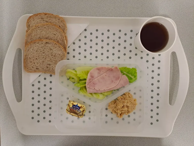 Śniadanie, dieta z ograniczeniem łatwo przyswajalnych węglowodanów: herbata czarna b/c -250ml, chleb graham-70g (sezam, gluten), margaryna 60 % tł. 10 g, smalczyk z fasoli 50 g, szynka z indyka 40 g (soja), sałata rzymska 20g, ogórek świeży 80g