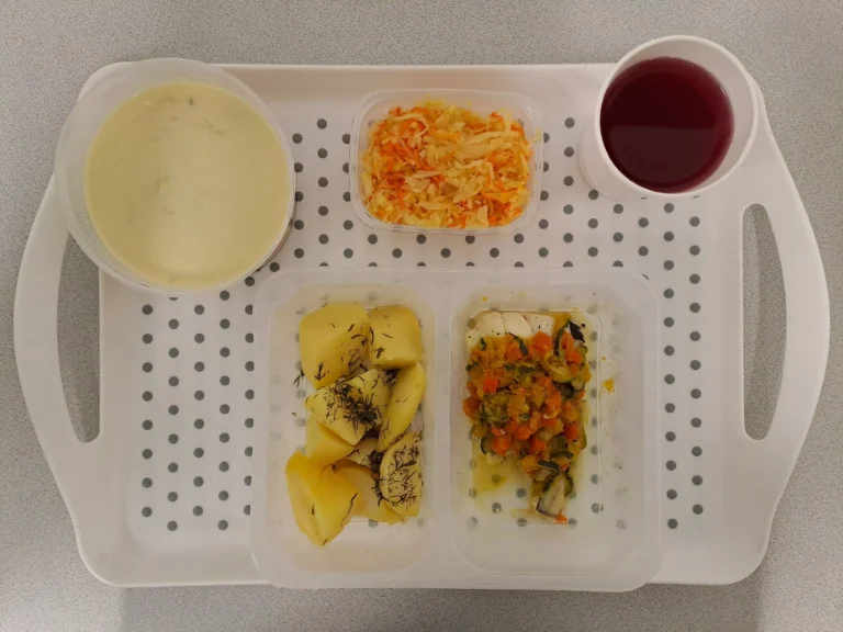 Obiad, dieta z ograniczeniem łatwo przyswajalnych węglowodanów: kompot owocowy b/c 250 ml, jarzynowa z makaronem 400 ml (gluten, seler, jaja, mleko), miruna pieczona w warzywach (włoszczyzna, dynia, cukinia) 100 g (seler, ryba), ziemniaki gotowane z koperkiem 200g, surówka z kapusty kiszonej i marchewki 150 g
