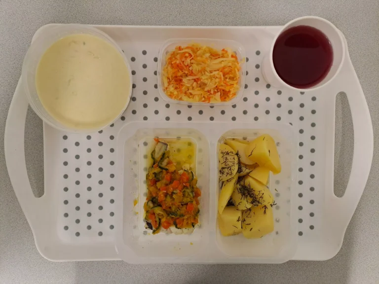 Obiad, dieta podstawowa: kompot owocowy b/c 250 ml, jarzynowa z makaronem 400 ml (gluten, seler, jaja, mleko), miruna pieczona w warzywach (włoszczyzna, dynia, cukinia) 100 g (seler, ryba), ziemniaki gotowane z koperkiem 200g, surówka z kapusty kiszonej i marchewki 150 g