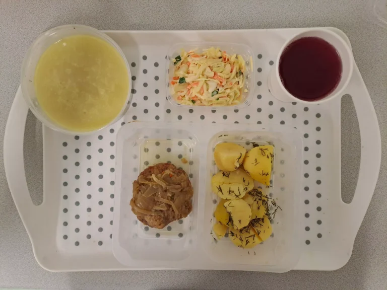 Obiad, dieta podstawowa: kompot owocowy b/c 250ml, koperkowa z zacierką 400 ml (seler, mleko), rumsztyk wieprzowy mielony, pieczony z 80 g z cebulą 20 g (jaja, gluten, mleko), ziemniaki gotowane z kop. 200 g, surówka Colesław 150 g (mleko)