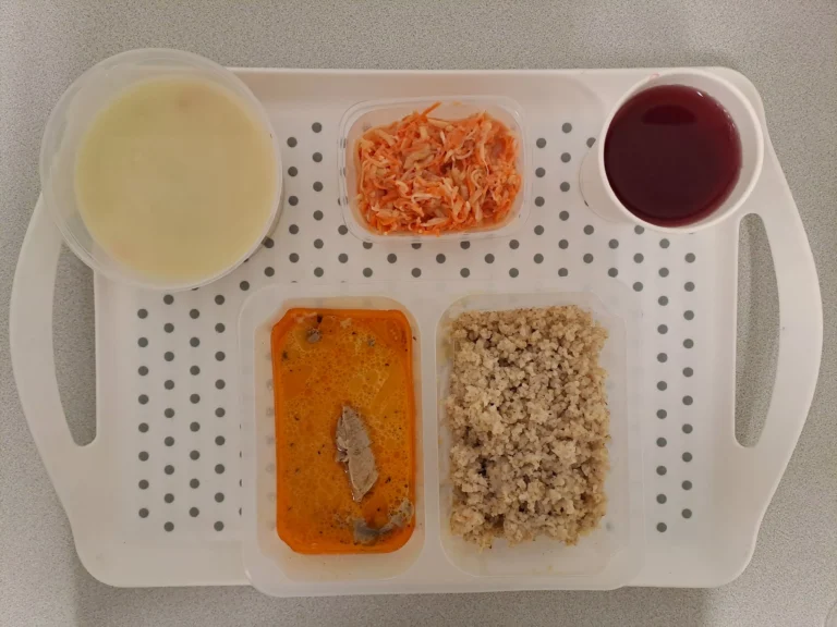 Obiad, dieta podstawowa: kompot owocowy b/c 250ml, kalafiorowa z ziemniakami 400ml (seler, mleko), mięso z udźca indyka pieczone 80 g, sos pieczarkowy 50 ml (gluten, mleko), kasza jęczmienna 200 g (gluten), surówka z marchwi, selera i jabłka z jogurtem 150 g (seler, mleko)