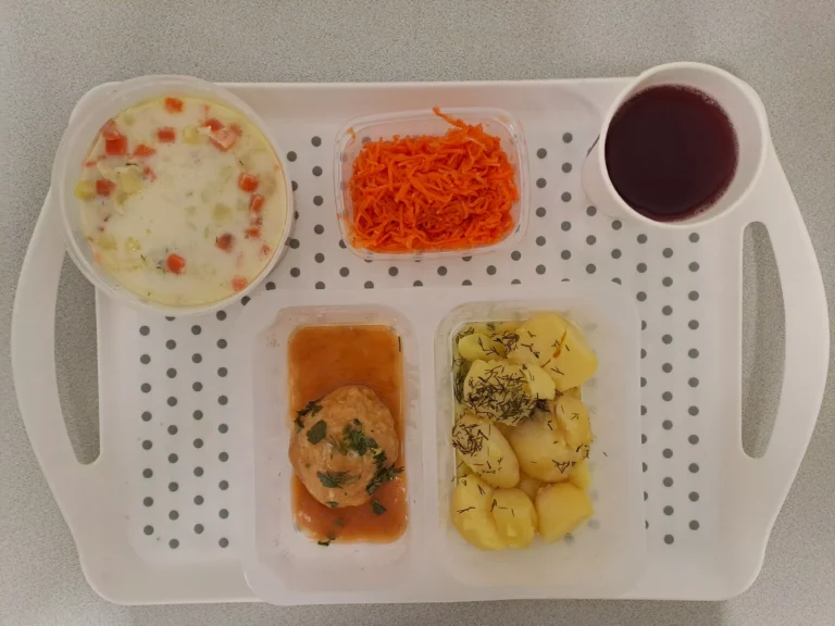 Obiad, dieta podstawowa: kompot owocowy b/c 250ml, koperkowa z ryżem 400 ml (seler, mleko), klopsiki drobiowe 80 g (gluten, jaja), sos jarzynowy 50 ml (mleko, gluten, seler), ziemniaki gotowane z kop. 200 g, surówka z marchwi i jabłka 150 g