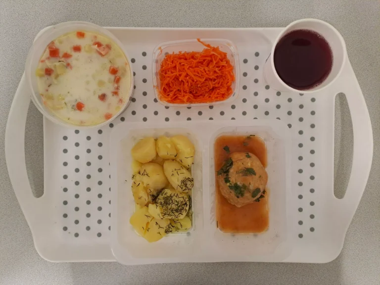 Obiad, dieta z ograniczeniem łatwo przyswajalnych węglowodanów: kompot owocowy b/c 250ml, koperkowa z ryżem 400 ml (seler, mleko), klopsiki drobiowe 80 g (gluten, jaja), sos jarzynowy 50 ml (mleko, gluten, seler), ziemniaki gotowane z kop. 200 g, surówka z marchwi i jabłka 150 g